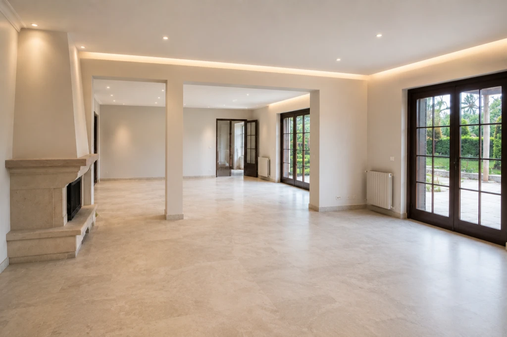 Großes, lichtdurchflutetes, leeres Wohnzimmer mit Kamin und großen Fenstertüren zum Garten.