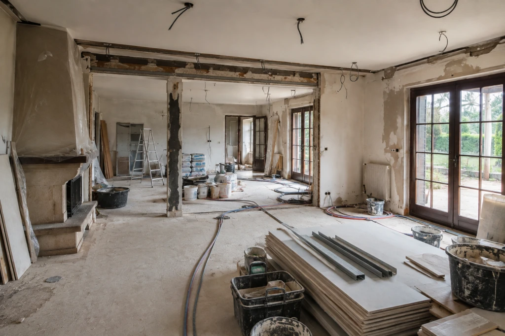 Großer Raum in einer Wohnung während Renovierungsarbeiten mit Baumaterialien und offener Fläche.