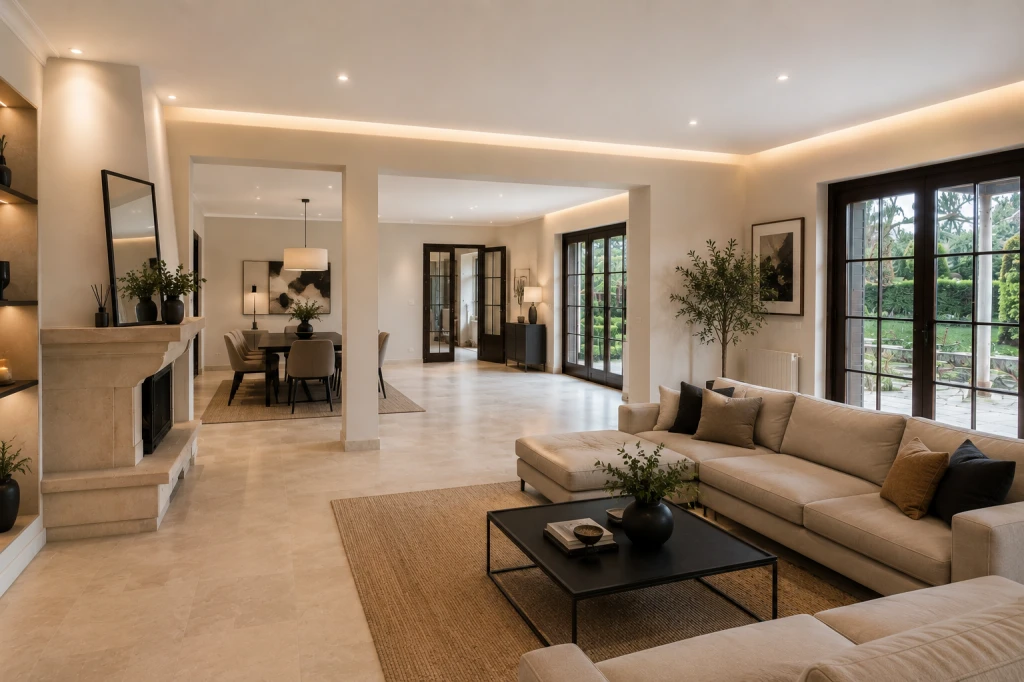 Helles Wohnzimmer mit beigem Sofa, Kamin, schwarzen Couchtisch und großen Fenstern mit Gartenblick.