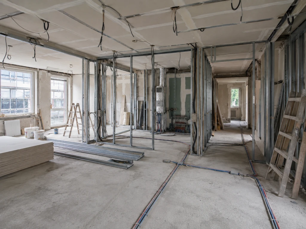 Rohbau eines Wohnraums mit Metallständern, Kabeln auf dem Boden und zwei Fenstern mit Tageslicht.