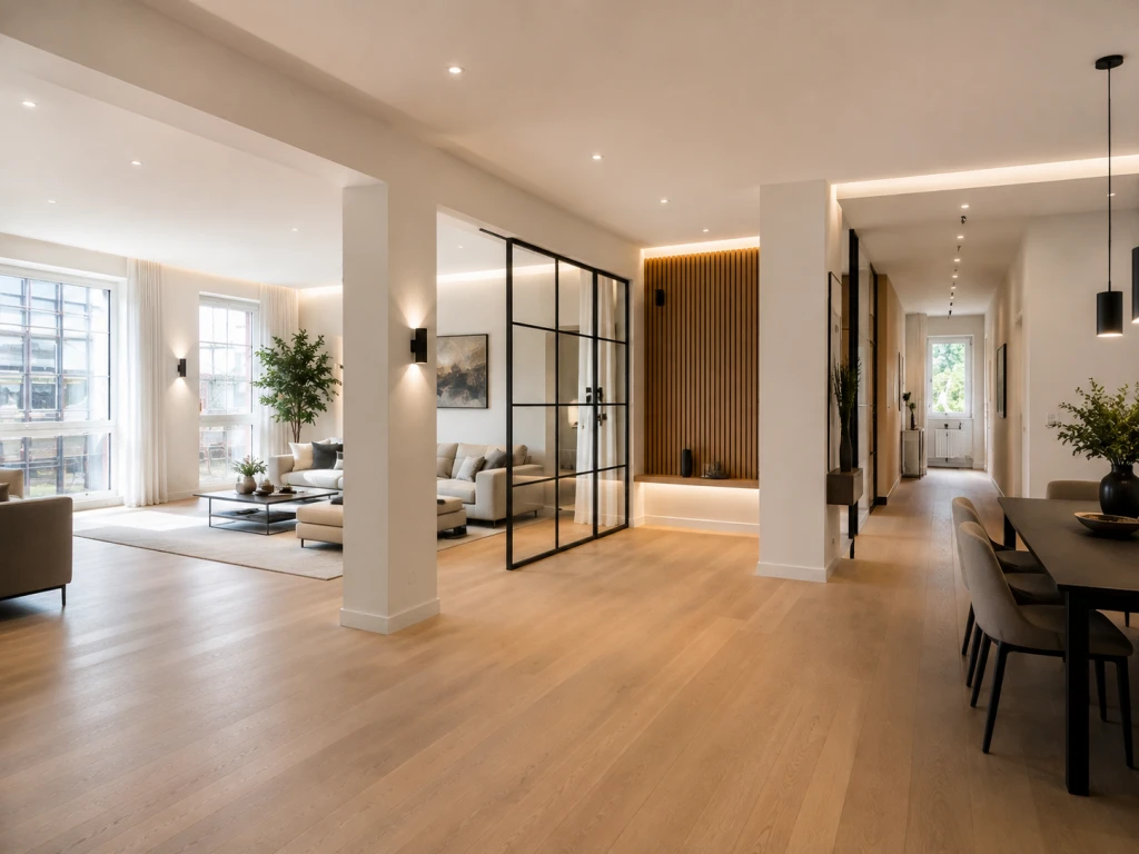Heller, moderner Wohnraum mit Sofa, großem Fenster und Essbereich mit Tisch und Stühlen.