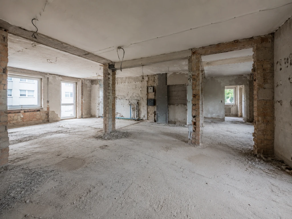 Rohbau mit freiliegenden Pfeilern, blankem Boden und unverputzten Wänden in einem Wohnraum.