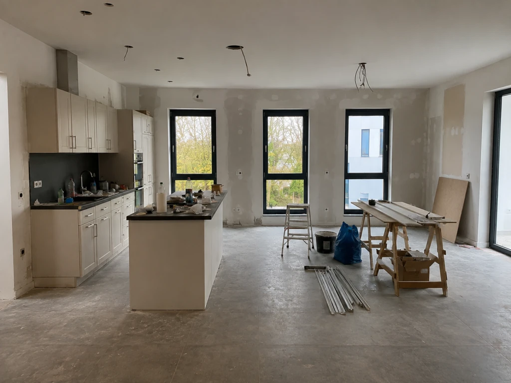Offene Küche und Essbereich in einem Raum während Renovierung mit Werkzeugen und Materialien.