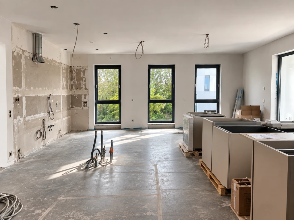 Rohbau einer Wohnung mit Installationen und Küchenmöbeln auf Paletten zum Einbau.
