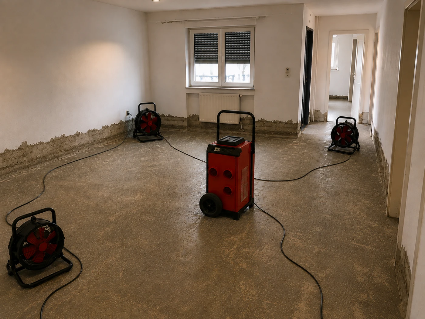 Leeres Zimmer mit beschädigtem Putz an den Wänden unten und mehreren aufgebauten roten Trocknungsgeräten und Ventilatoren auf dem Boden.