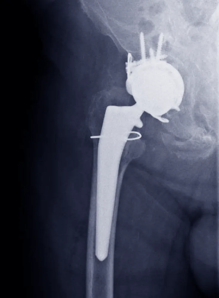 X-ray of a hip fracture repair showing a metal fixation implant and surgical hardware.