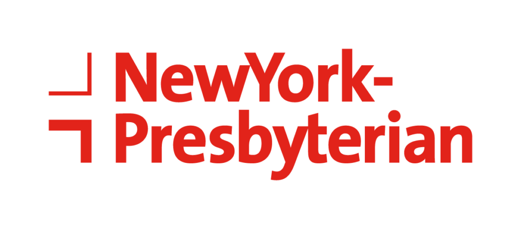 Red text logo reading "NewYork-Presbyterian" with two geometric brackets. The design is clean and professional, evoking a sense of trust and care.