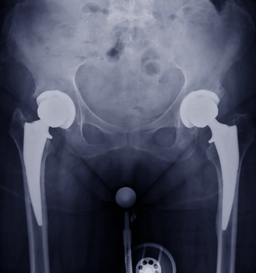 X-ray of a pelvis showing a successfully implanted total hip replacement.