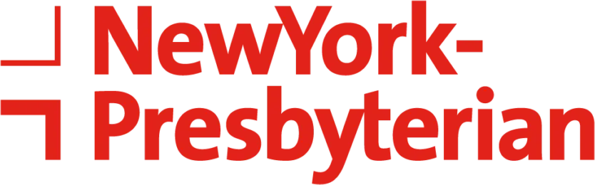 Red text logo reading "NewYork-Presbyterian" with two geometric brackets. The design is clean and professional, evoking a sense of trust and care.