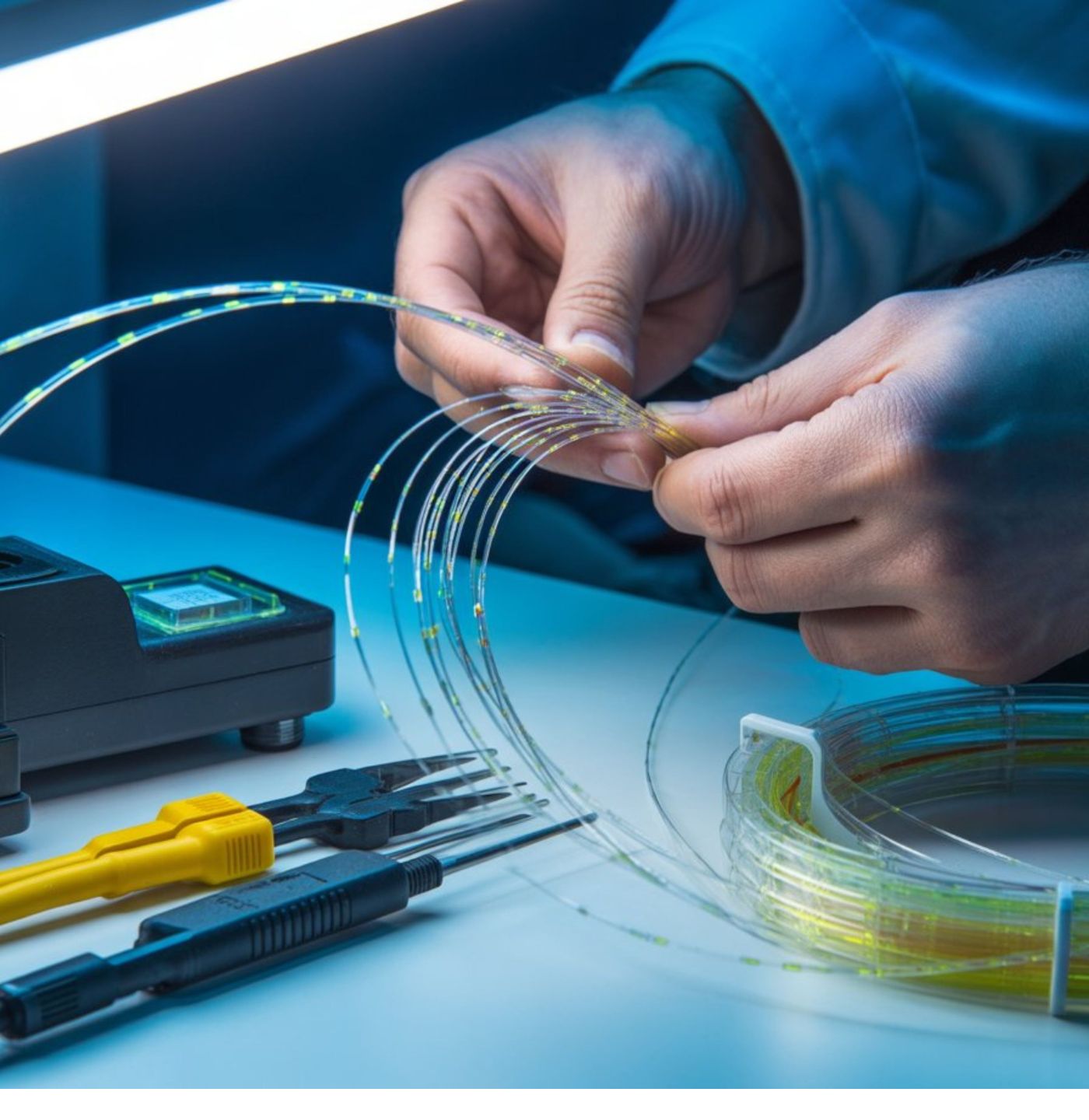 Person holding and inspecting fiber optic cables over a workspace with tools and equipment.