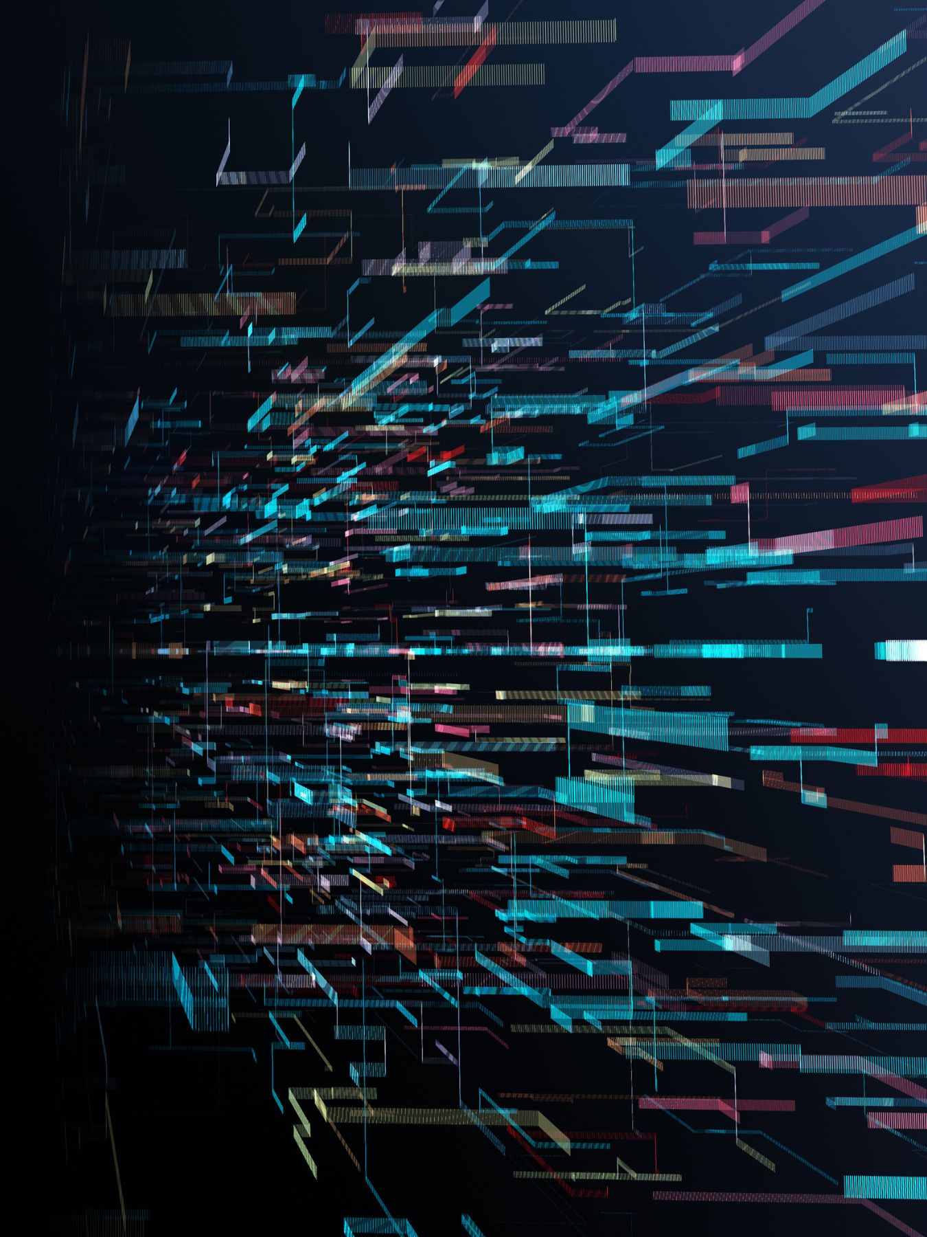 Abstract digital data streams with multicolored horizontal and vertical lines on a dark background.