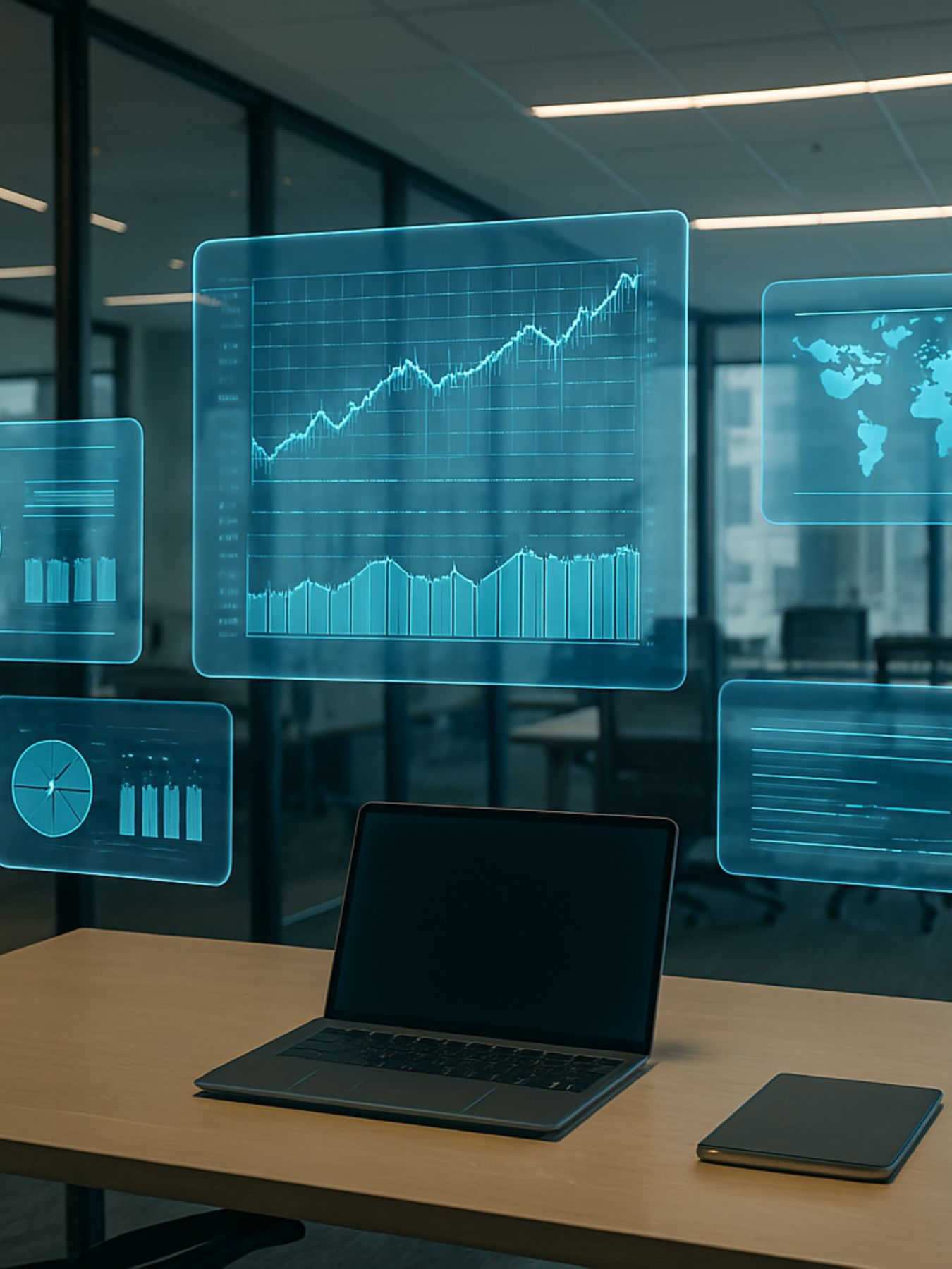 Modern office desk with a laptop and notebook showing floating transparent digital analytics and world map charts.
