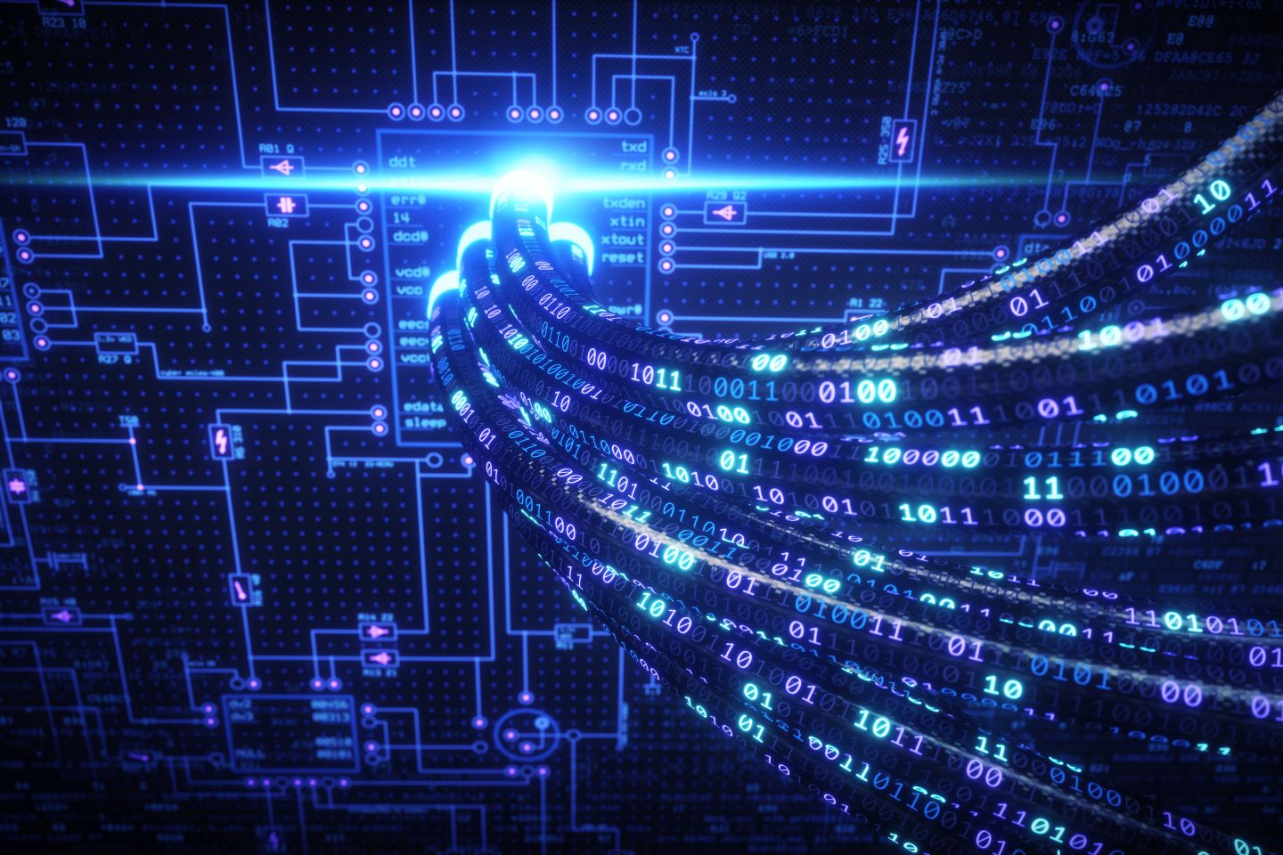 Glowing digital binary code streams flowing from a bright circuit board against a dark background.