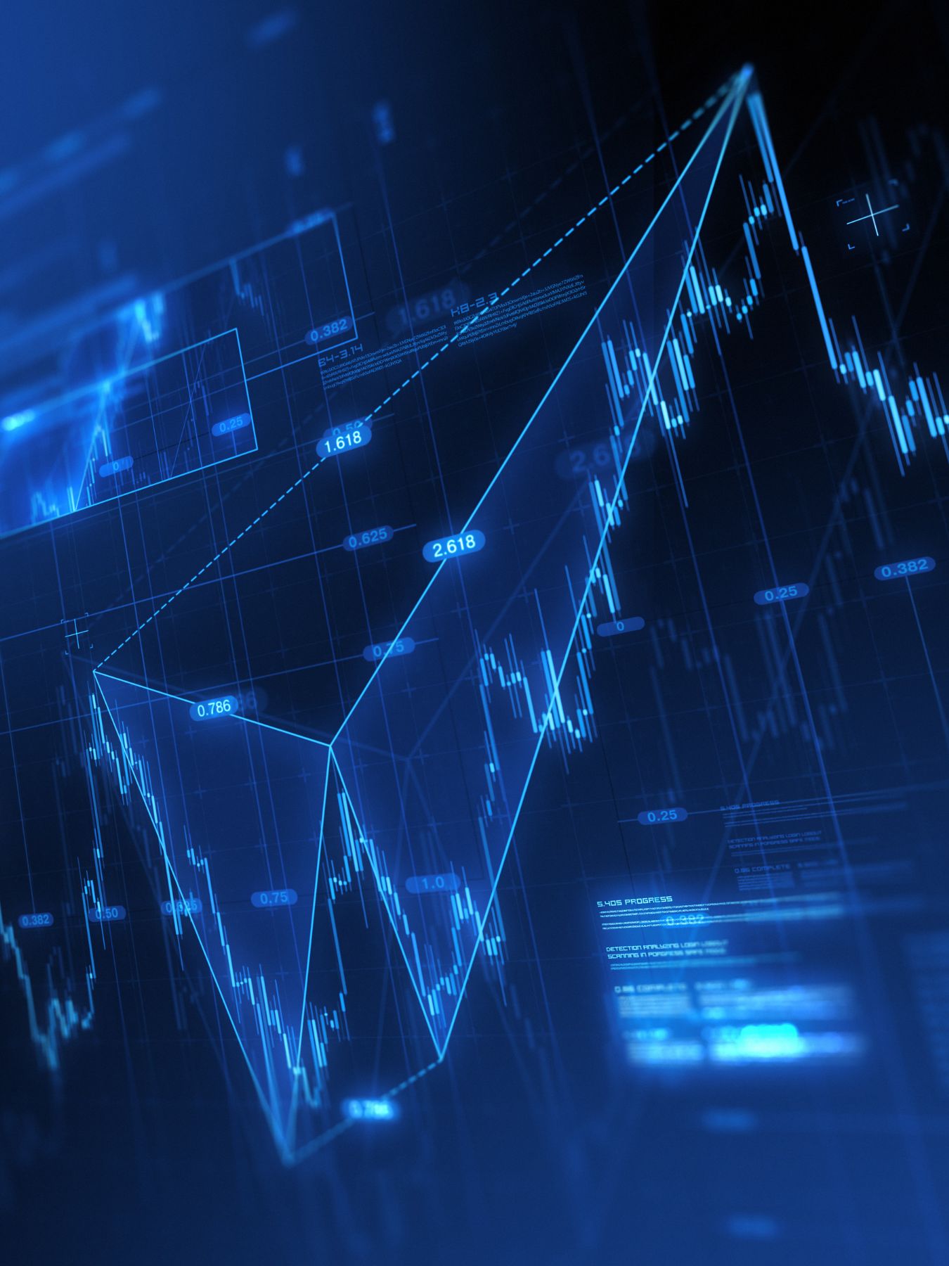 Blue digital stock market chart with candlestick patterns, Fibonacci retracement levels, and geometric lines overlay.