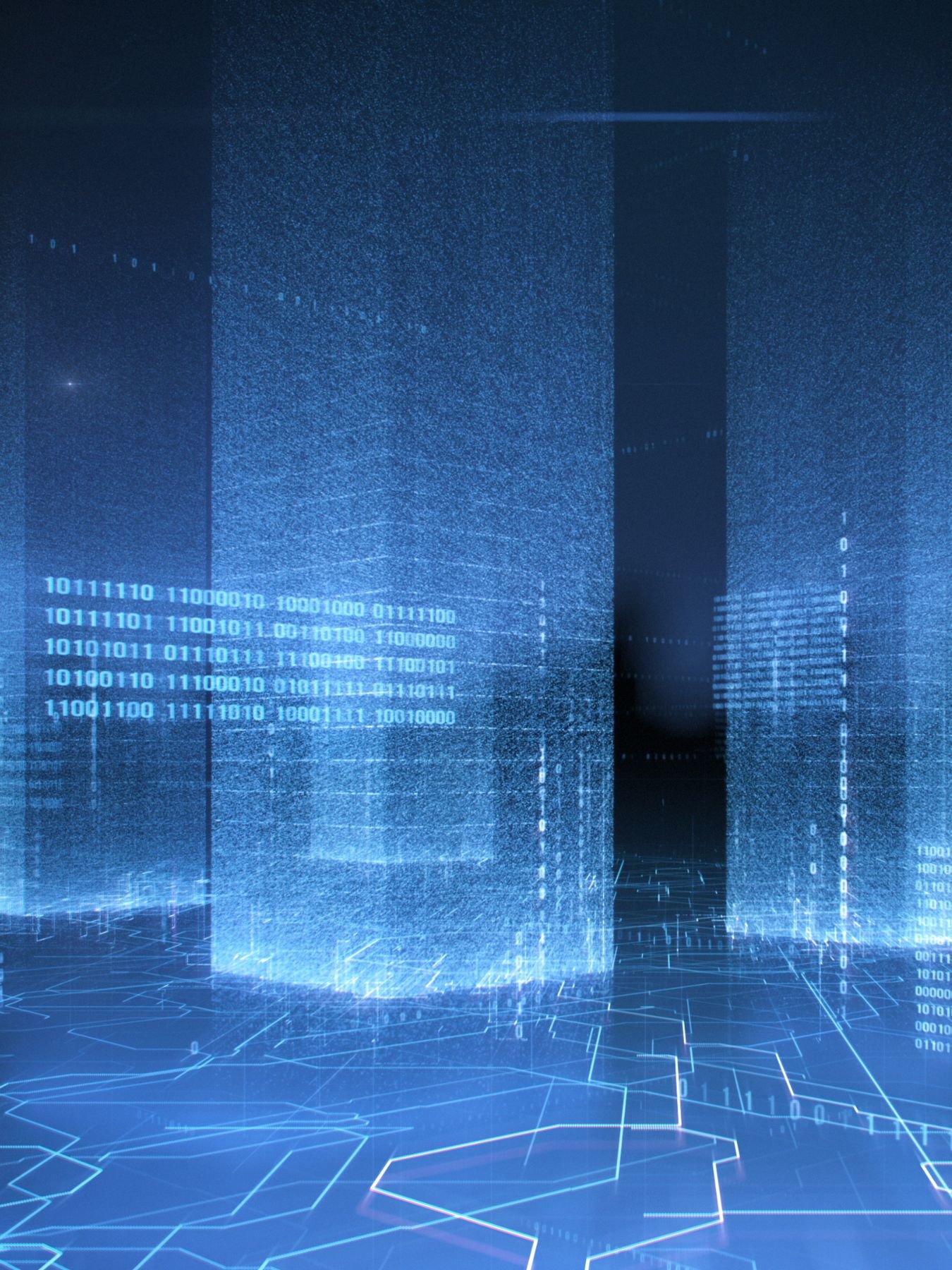 Digital cityscape with glowing blue binary code and abstract light grid lines representing data flow and technology.