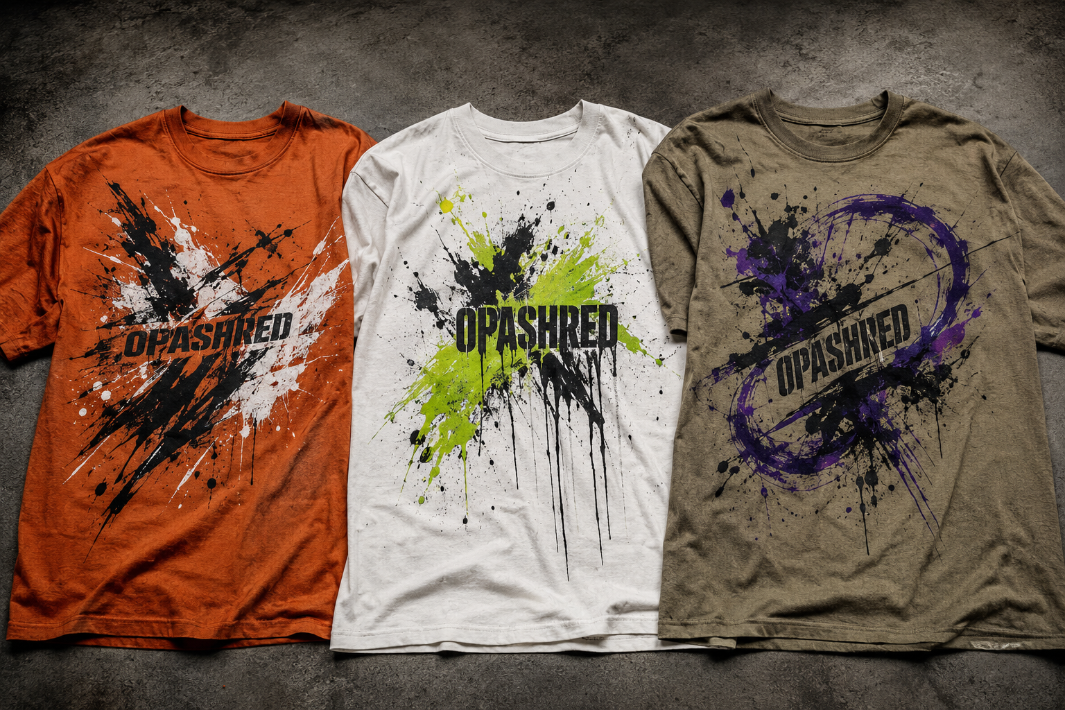 Opashred custom hand-painted tees in burnt orange, chalk white and trail khaki, each featuring a unique splatter-paint design