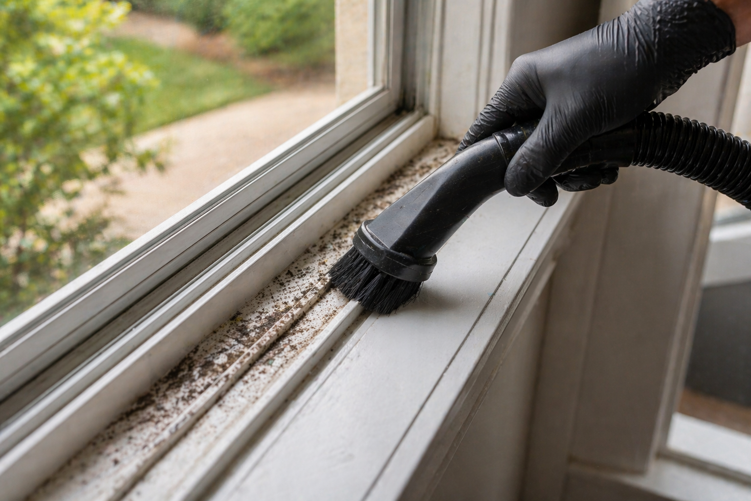 Hand wearing black glove cleaning dirt from a white window sill using a vacuum cleaner attachment with brush.