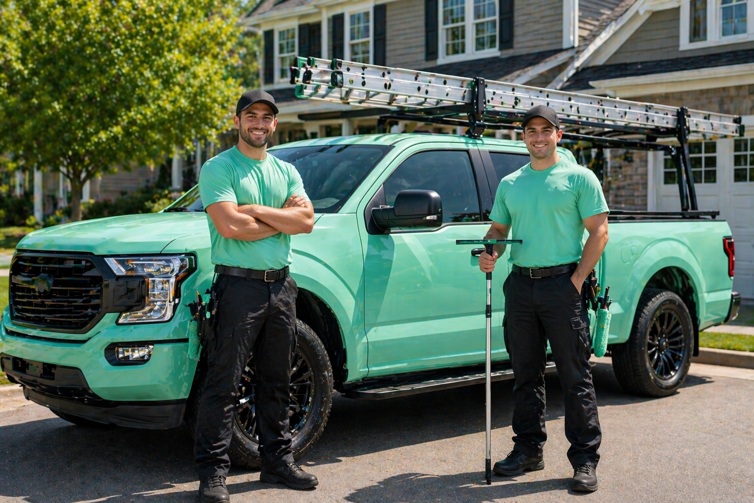 Two window cleaning workers in green shirts and black pants standing by a mint green pickup truck with ladders mounted on top.