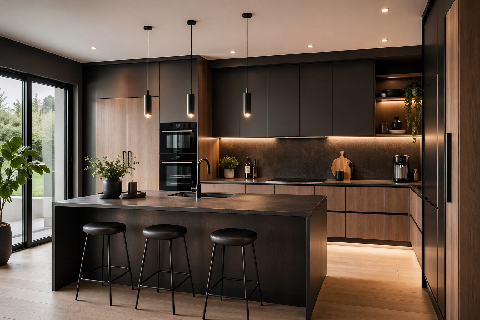 Modern kitchen with black and wood cabinetry, a large island with three black stools, pendant lights, and large sliding glass doors overlooking greenery.