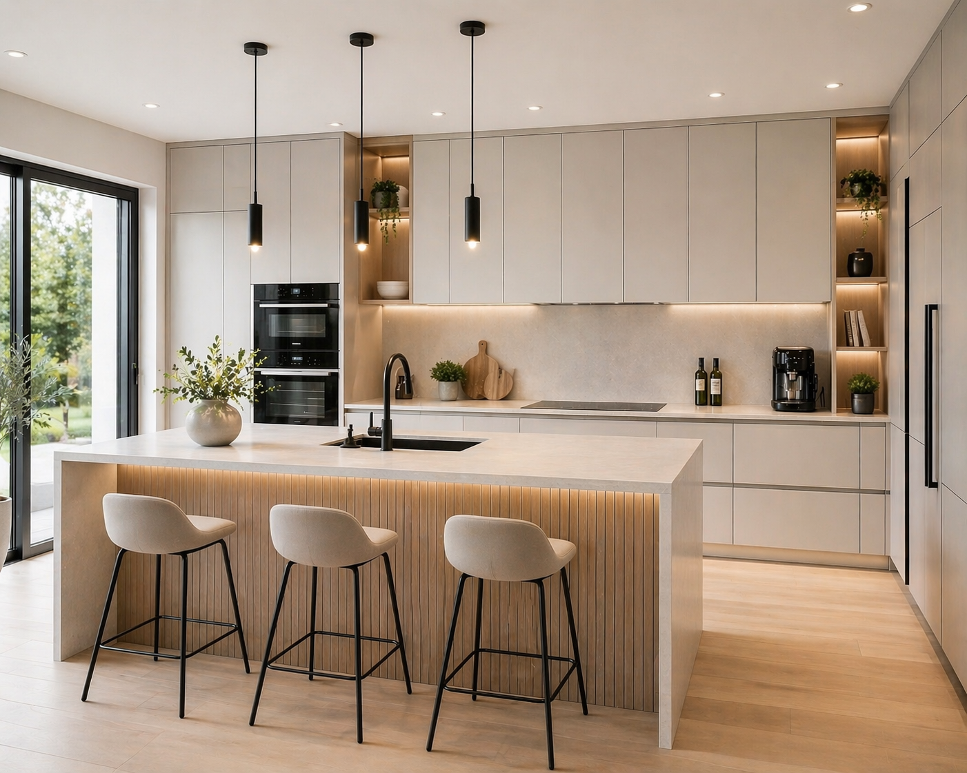 Modern kitchen with a large island featuring three beige bar stools, a black faucet, pendant lights, and light wood cabinetry with integrated appliances.