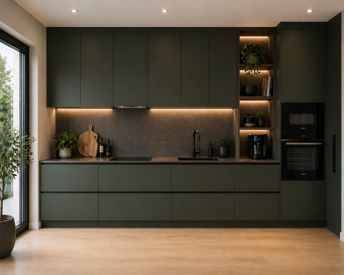 Modern kitchen with matte dark green cabinets, built-in oven and microwave, black sink and faucet, under-cabinet lighting, and decorative plants.