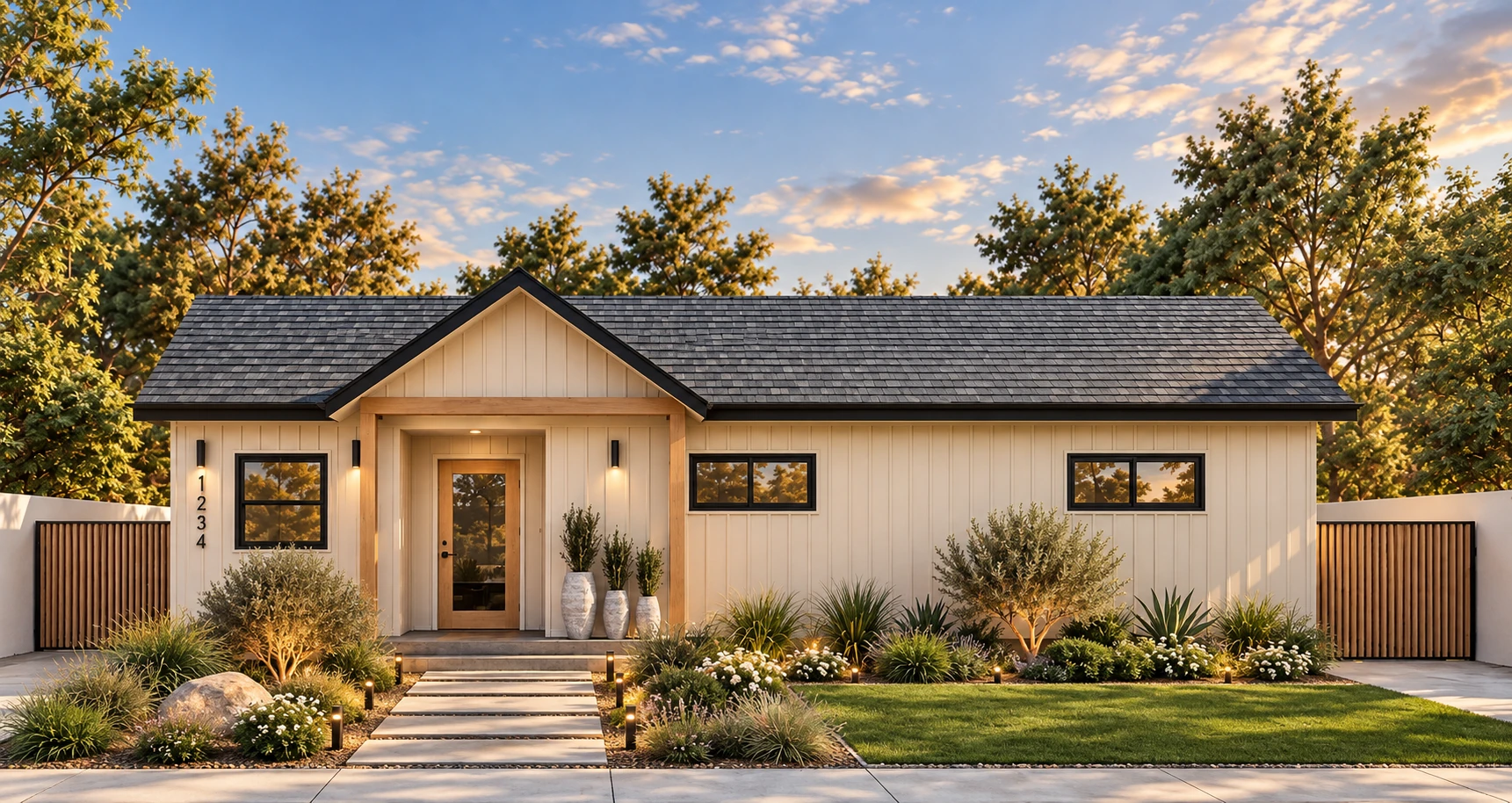 Exterior rendering of The Aida ADU with warm beige siding, a timber-framed entrance, and landscaped front garden.
