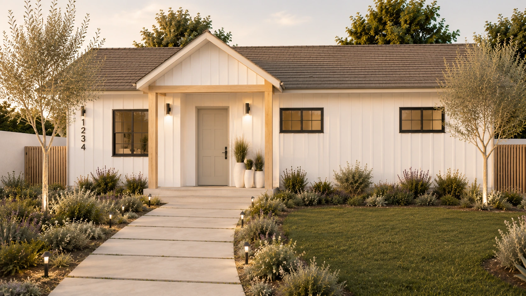 Exterior rendering of The Marion ADU with white siding, a timber-framed covered entrance, and landscaped front walkway.