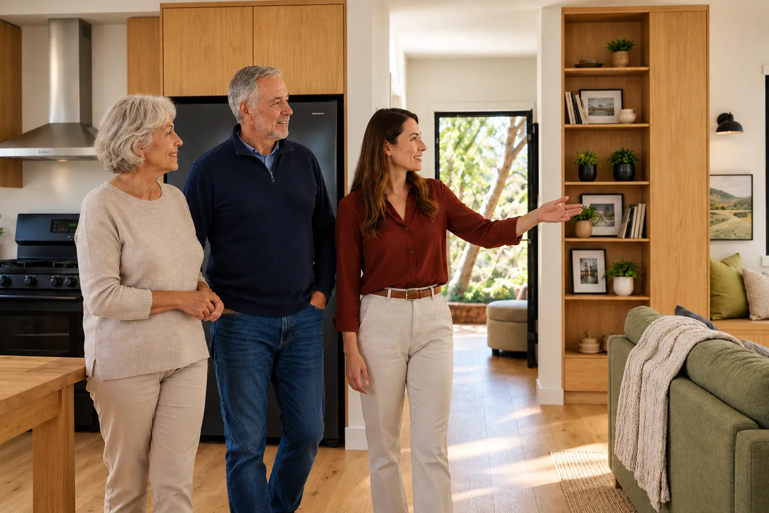 An older couple and a younger woman in a bright home with natural wood cabinetry.