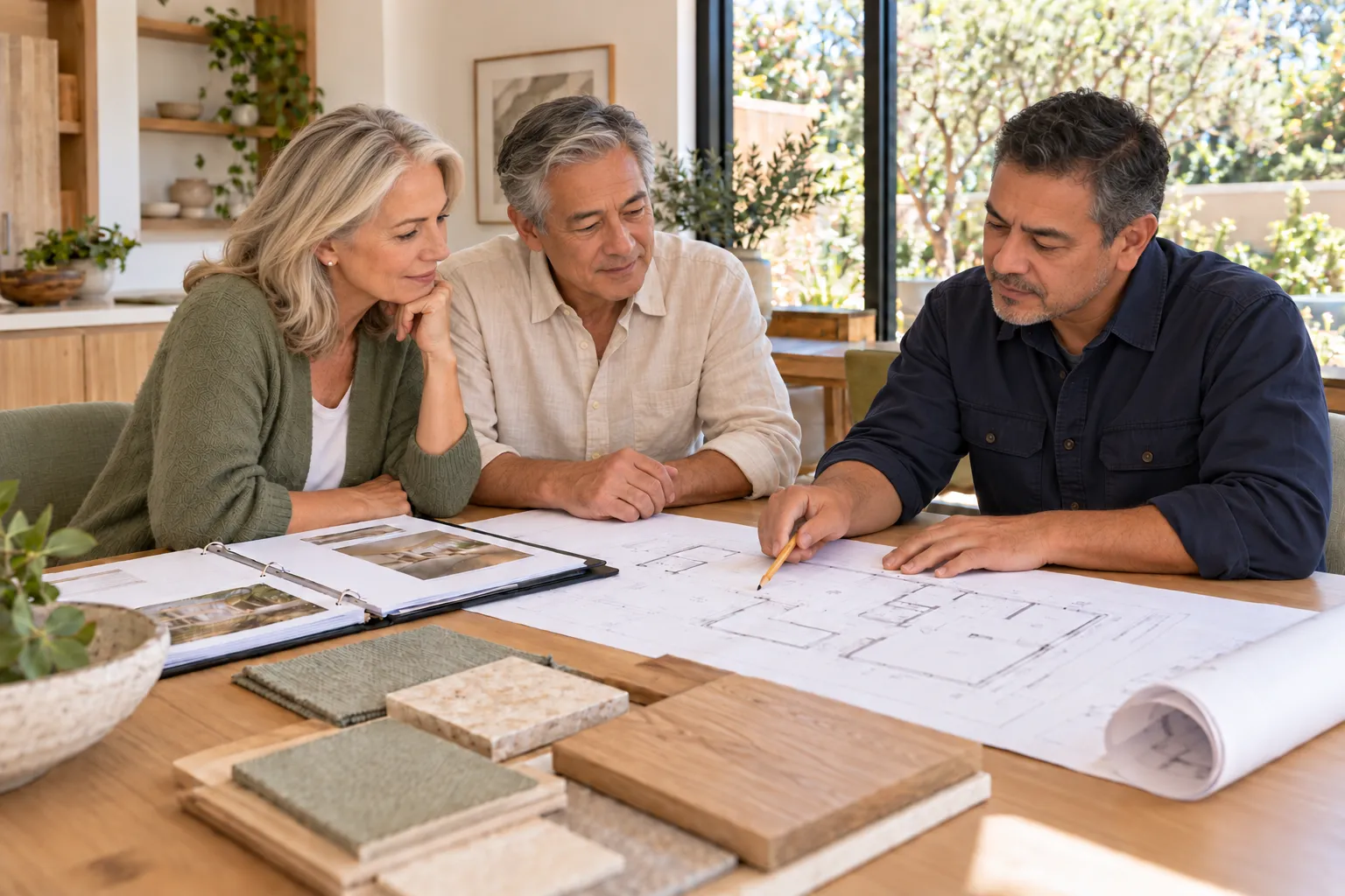 A couple reviews home plans, a specifications binder and material samples with a planning professional.