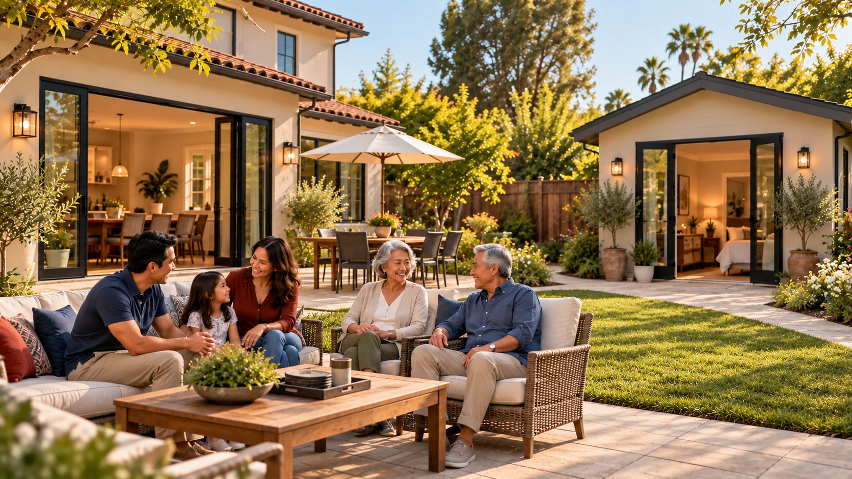 Three generations spending time together on a level backyard patio beside an ADU.