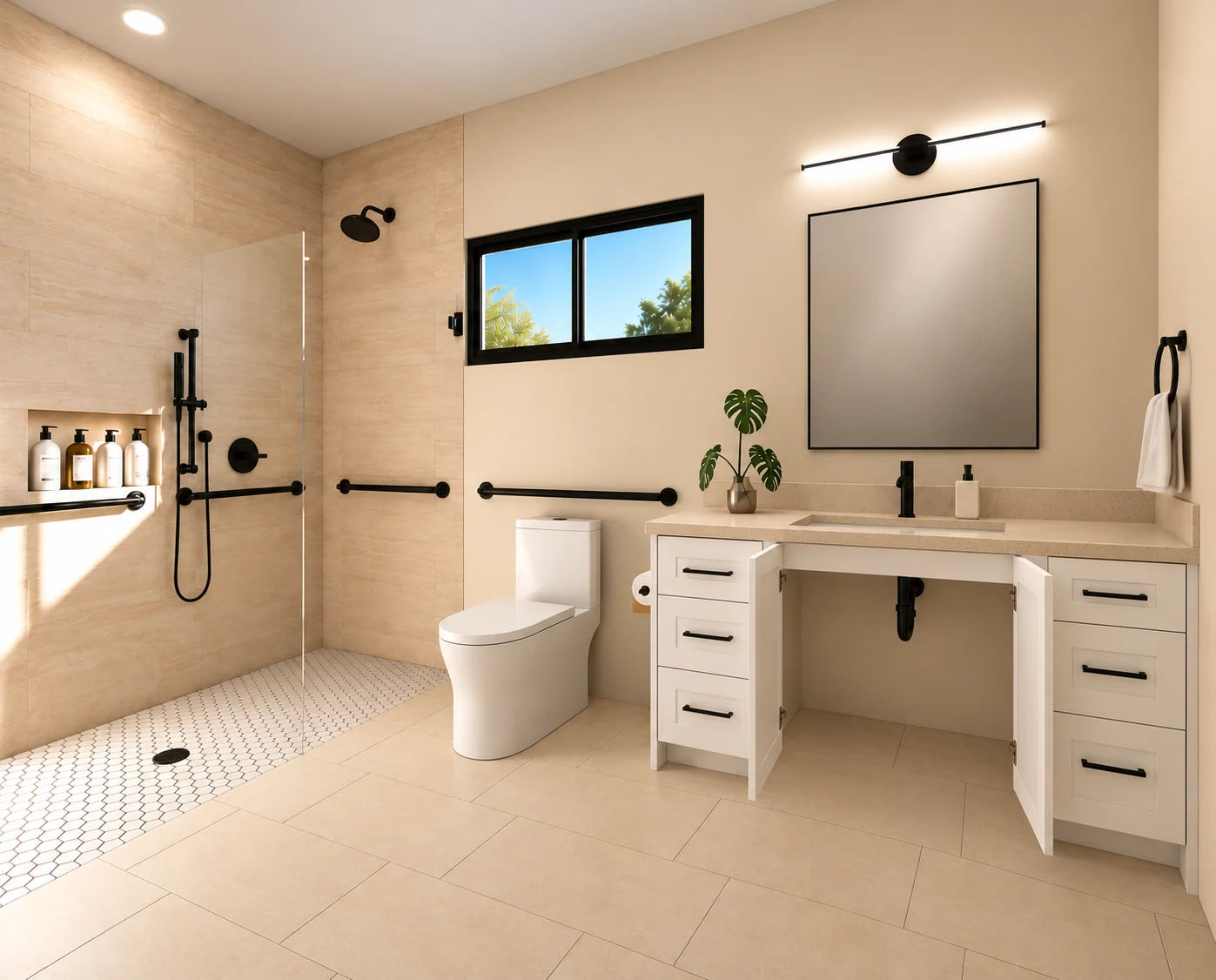 Bathroom rendering with the vanity doors open, side drawers, a curbless shower, and matte black fixtures.