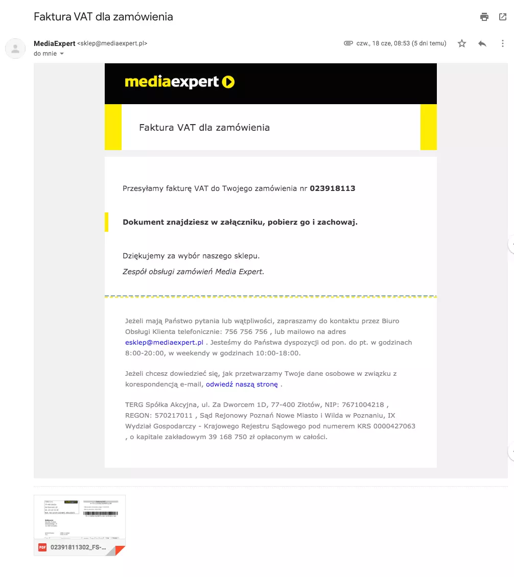 Wiadomość z fakturą VAT od Media Expert