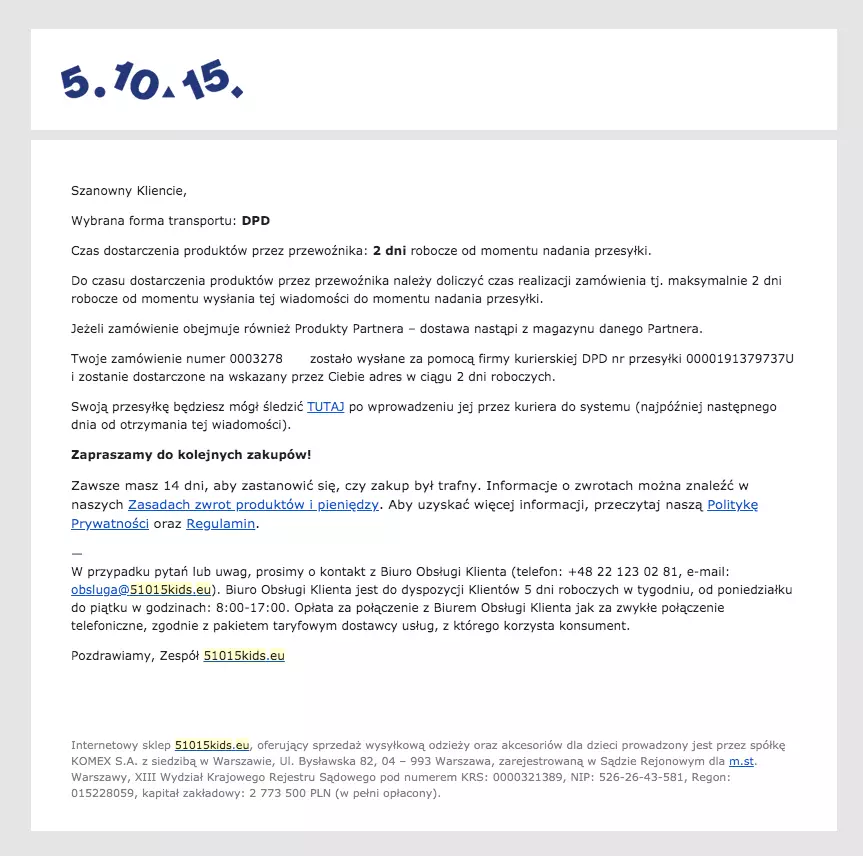 Wiadomość z informacja o wysyłce od 5.10.15