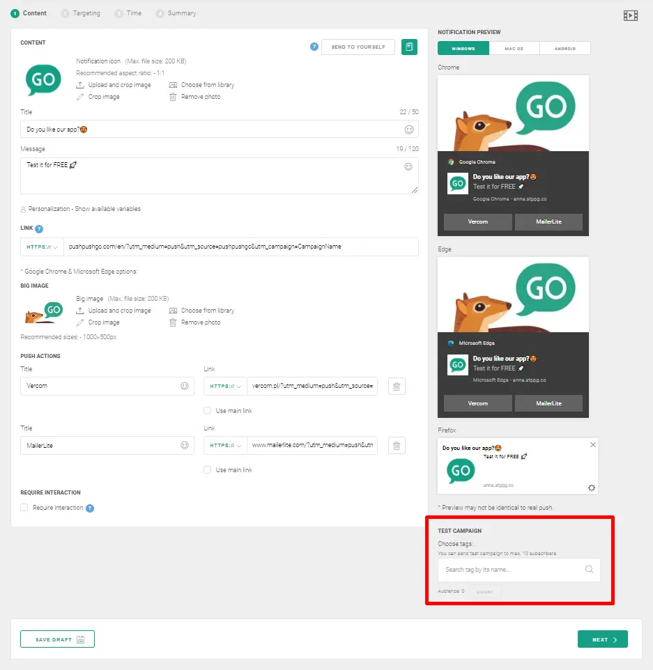 send web push testing