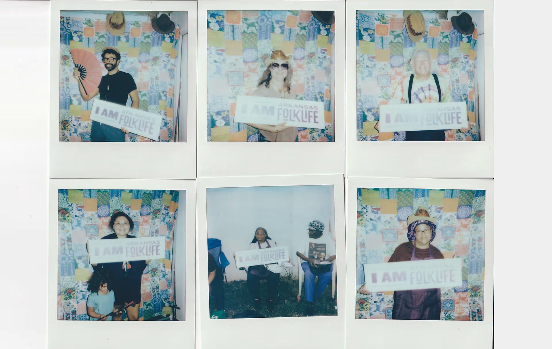 Six Polaroid-style photos of diverse people holding signs that say 'I AM Arkansas Folklife,' against colorful patchwork and plain backgrounds.