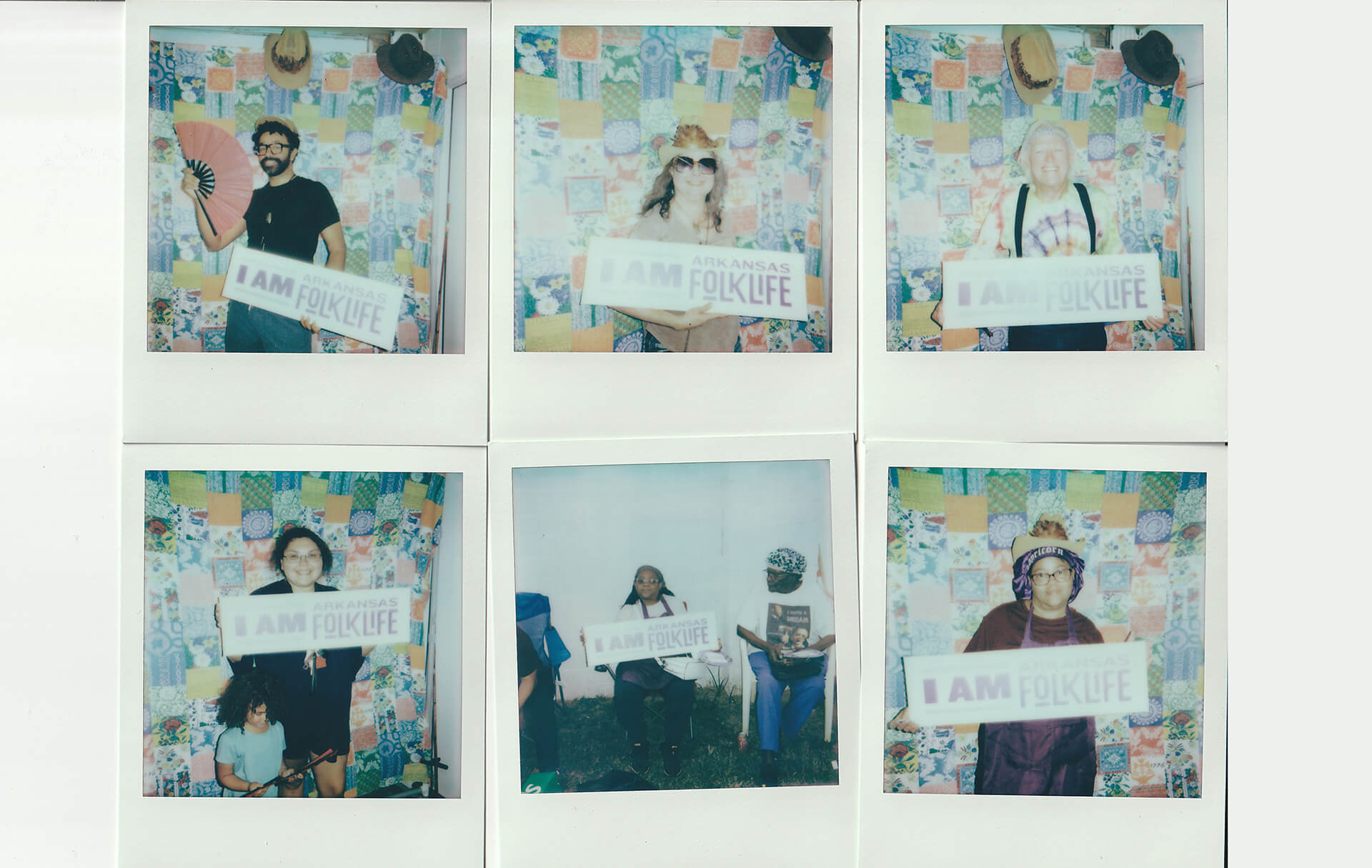 Six Polaroid-style photos of diverse people holding signs that say 'I AM Arkansas Folklife,' against colorful patchwork and plain backgrounds.