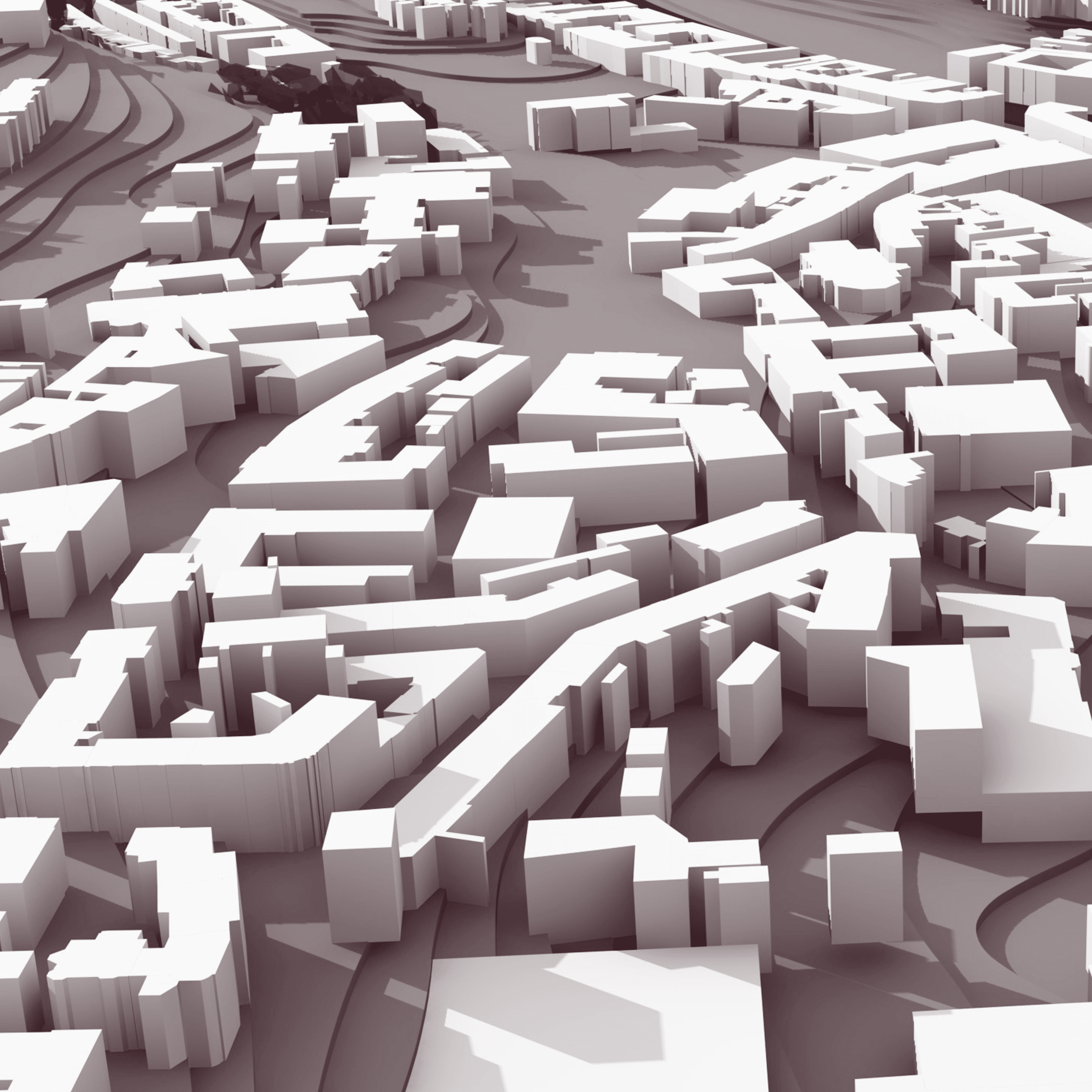 3D-Stadtmodell mit Gebäuden und Straßen in einem städtischen Gebiet aus der Vogelperspektive.
