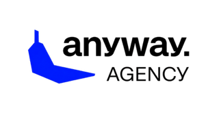 Logo von Anyway Agency mit blauem geometrischem Symbol und Text.