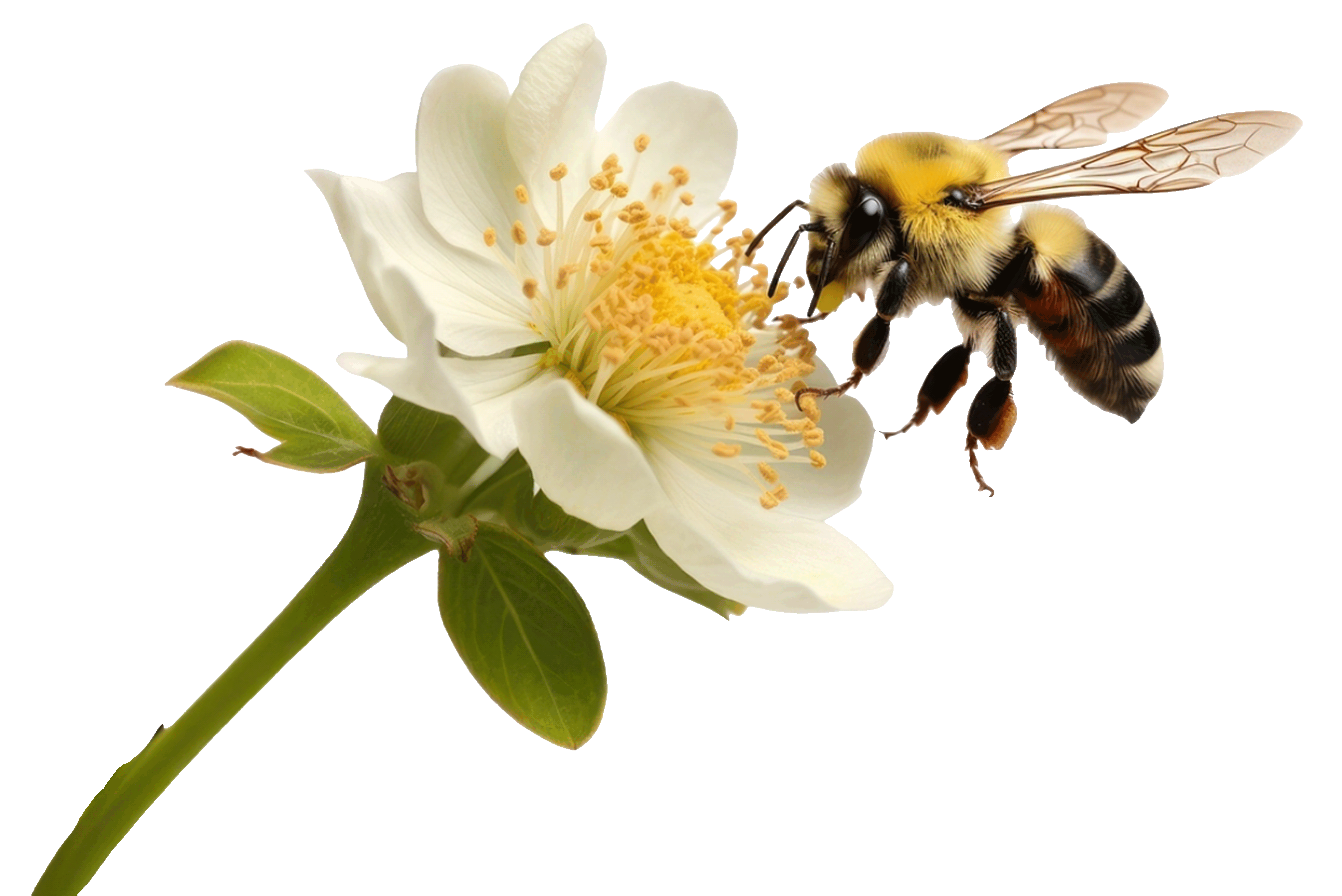 Bee collecting pollen from a white flower with yellow stamens on a green stem.