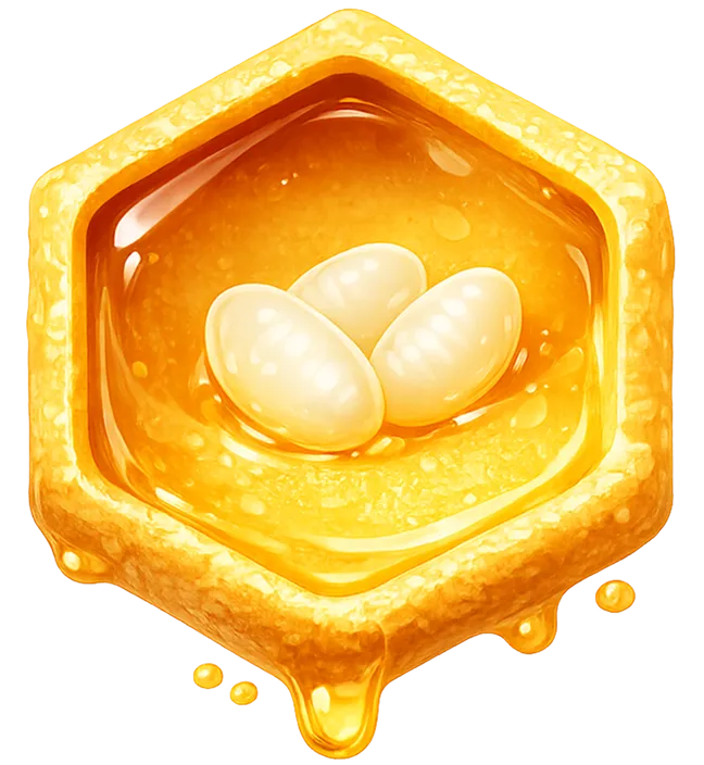 Golden honeycomb hexagon filled with glowing honey and three smooth white eggs inside.