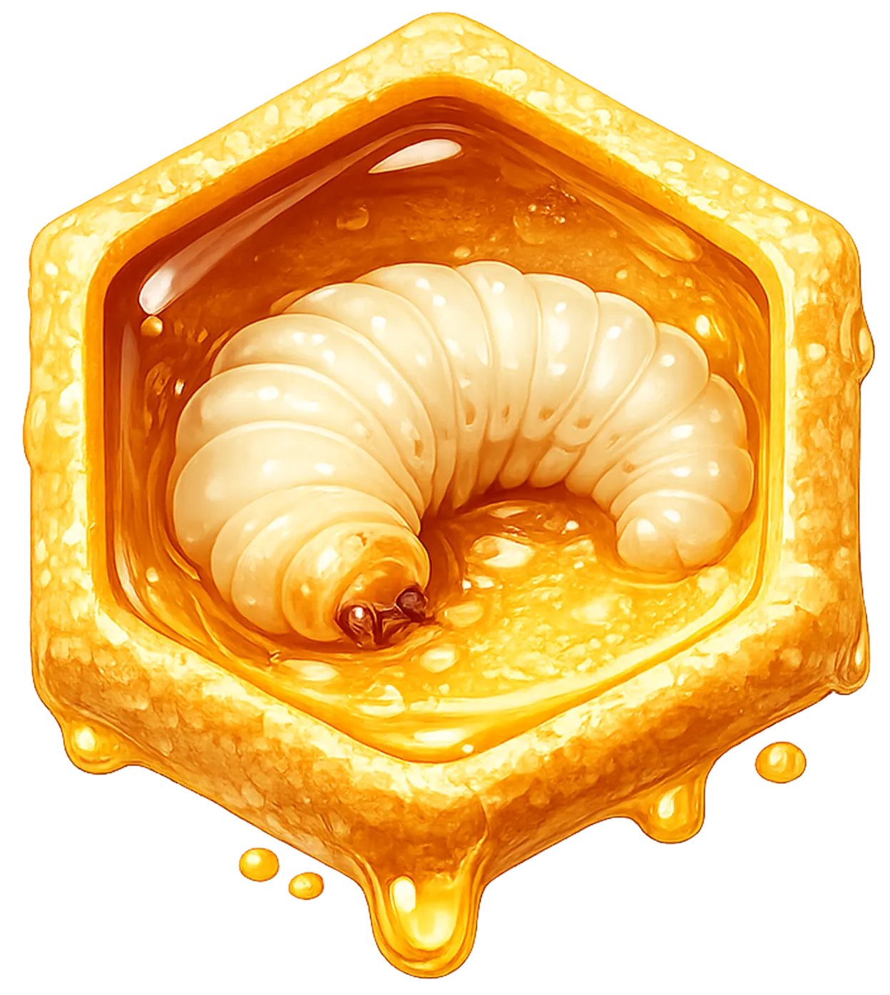Honeycomb cell filled with honey dripping and a white bee larva inside.
