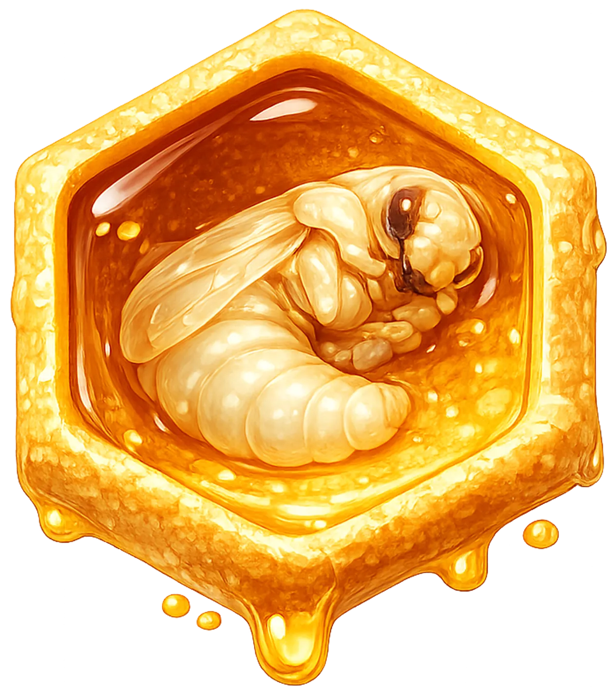 A bee pupa curled inside a hexagonal honeycomb cell filled with honey.