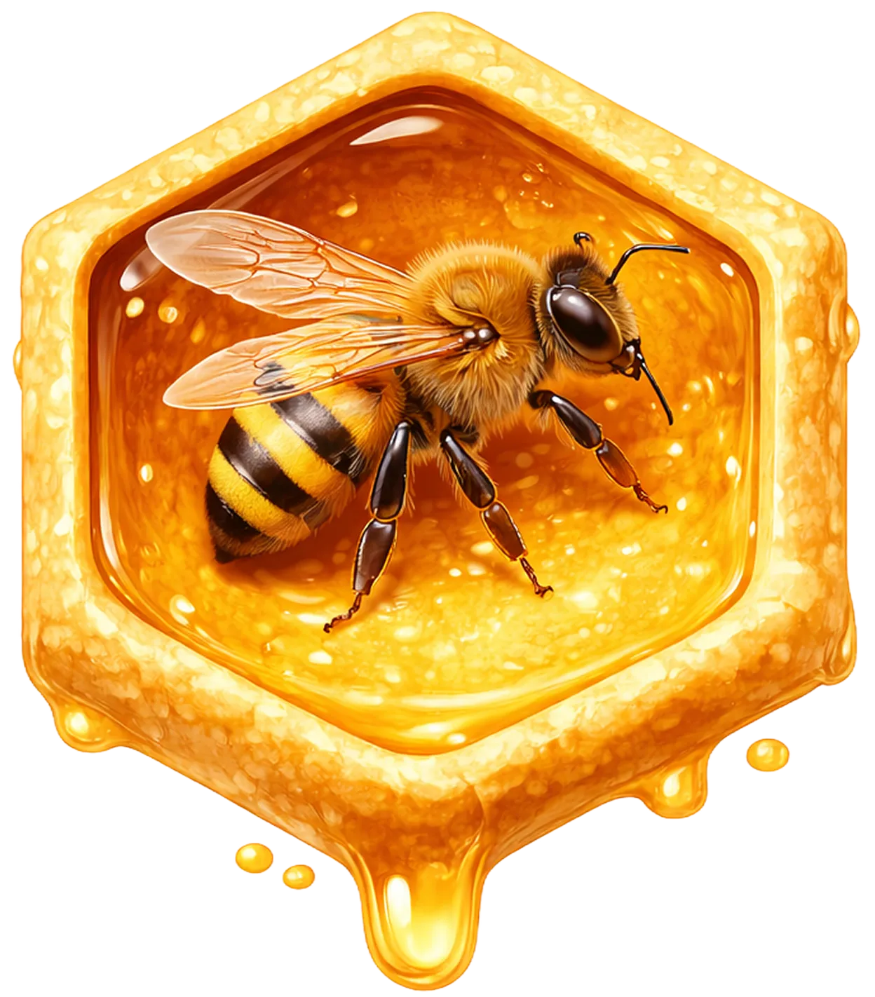 A close-up of a honeybee inside a hexagonal drop of golden honey with honey dripping.