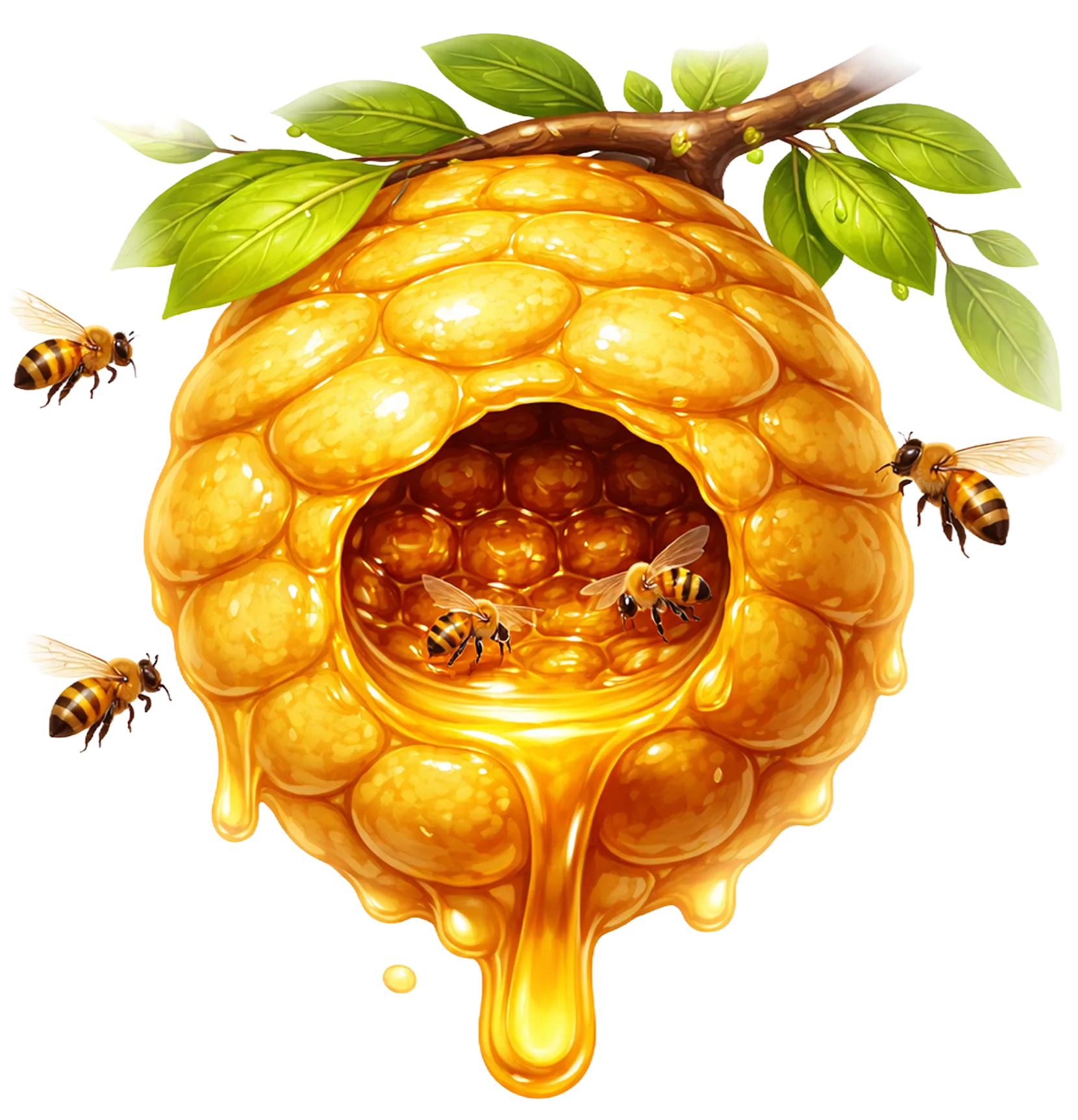 Dripping honeycomb with bees and green leaves on a branch attached to the hive.