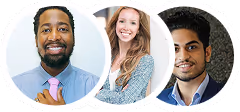 Three diverse professionals smiling: a man with a beard, a red-haired woman, and a man with dark hair.