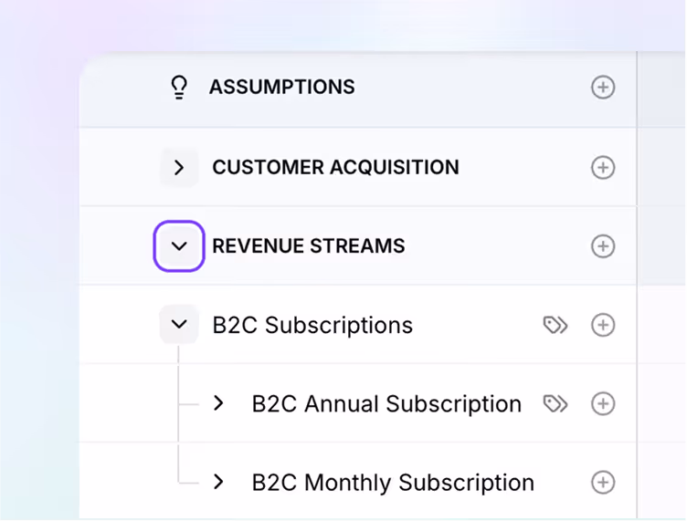 Menu showing expandable sections: Assumptions, Customer Acquisition, Revenue Streams with B2C subscriptions details.