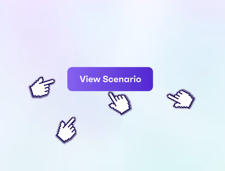 Purple button with text 'View Scenario' surrounded by four pixelated cursor hand icons pointing at it.