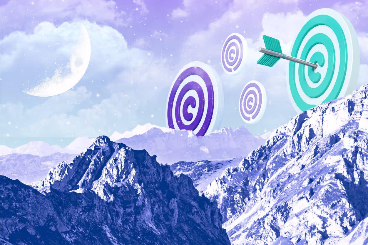 Multiple targets floating above snowy mountains with an arrow hitting the center of a large green target.