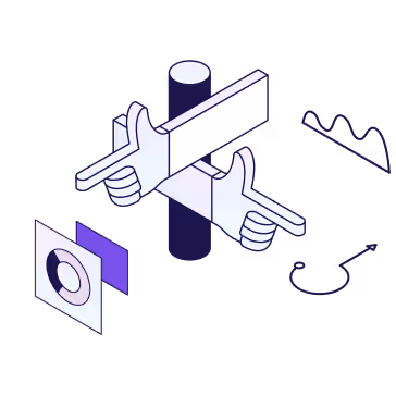 Illustration of two hands forming a frame shape with fingers around a vertical bar, alongside abstract shapes.