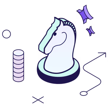 White chess knight piece surrounded by coins, clock icon, strategic path, and purple stars.